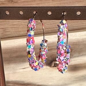 Colorful Confetti Shimmering Hoop Earrings. Snap Clasp on Goldtone hardware.